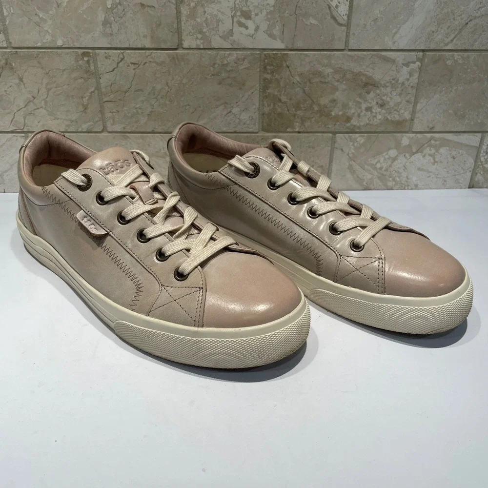 Taos Plim Soul Lux Leather Sneakers Womens 10 Taupe Tan Low Top PLX-13994A EUC